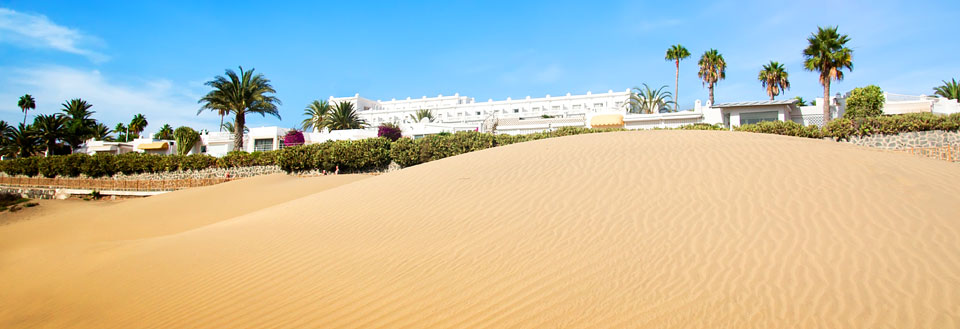 Solrigt ørkenlandskab med sand, huse og palmetræer.